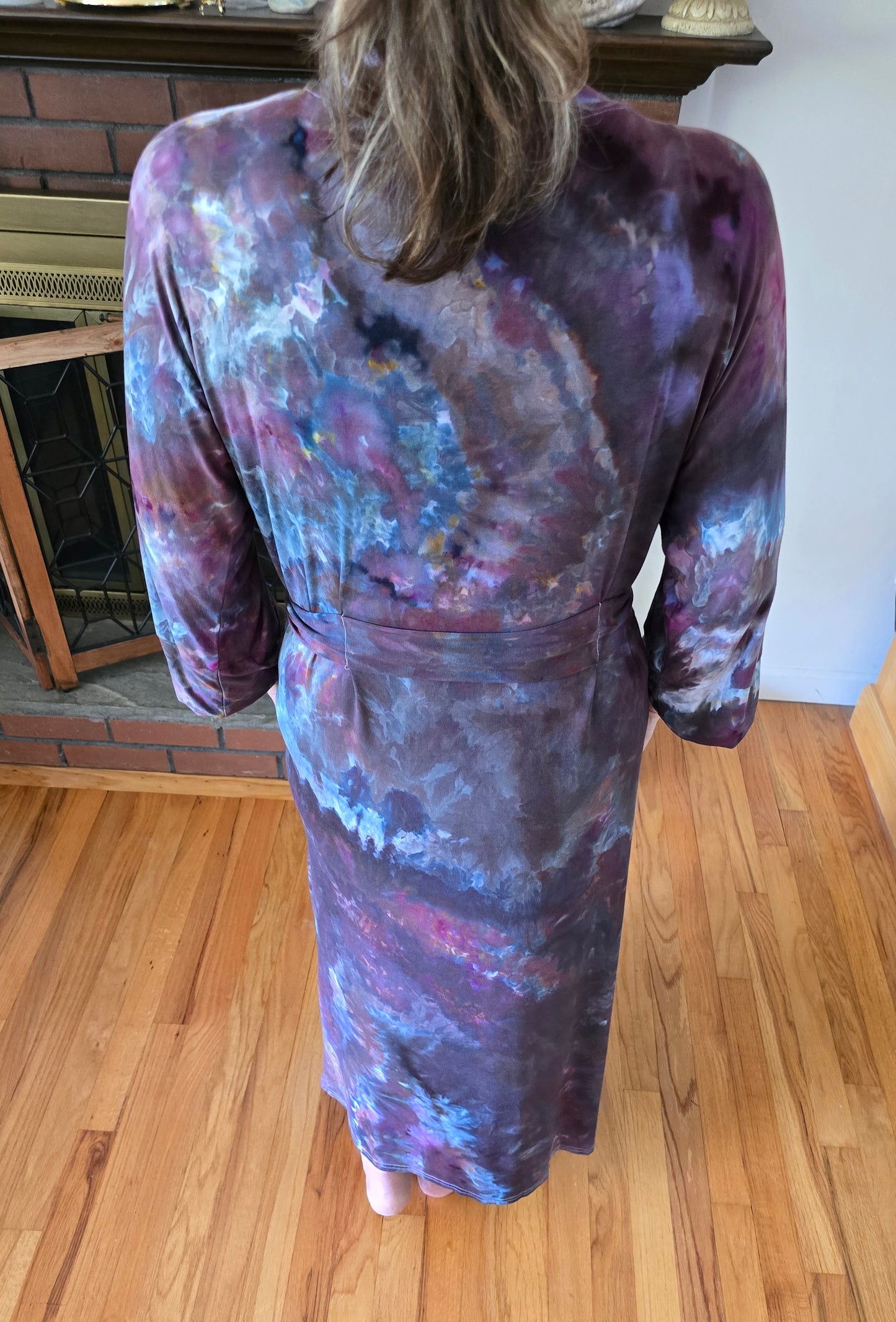 Women Hand Dyed Kimono Robes, Tie Dye Long Bathrobe, Lightweight Soft Knit Sleepwear in Liquid Plum Wine