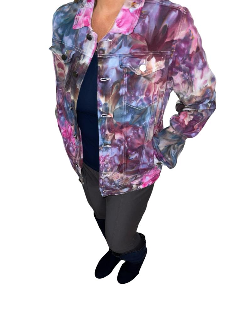 Unisex Relaxed Fit Denim Jacket in Liquid Kaleidoscope Dreams 