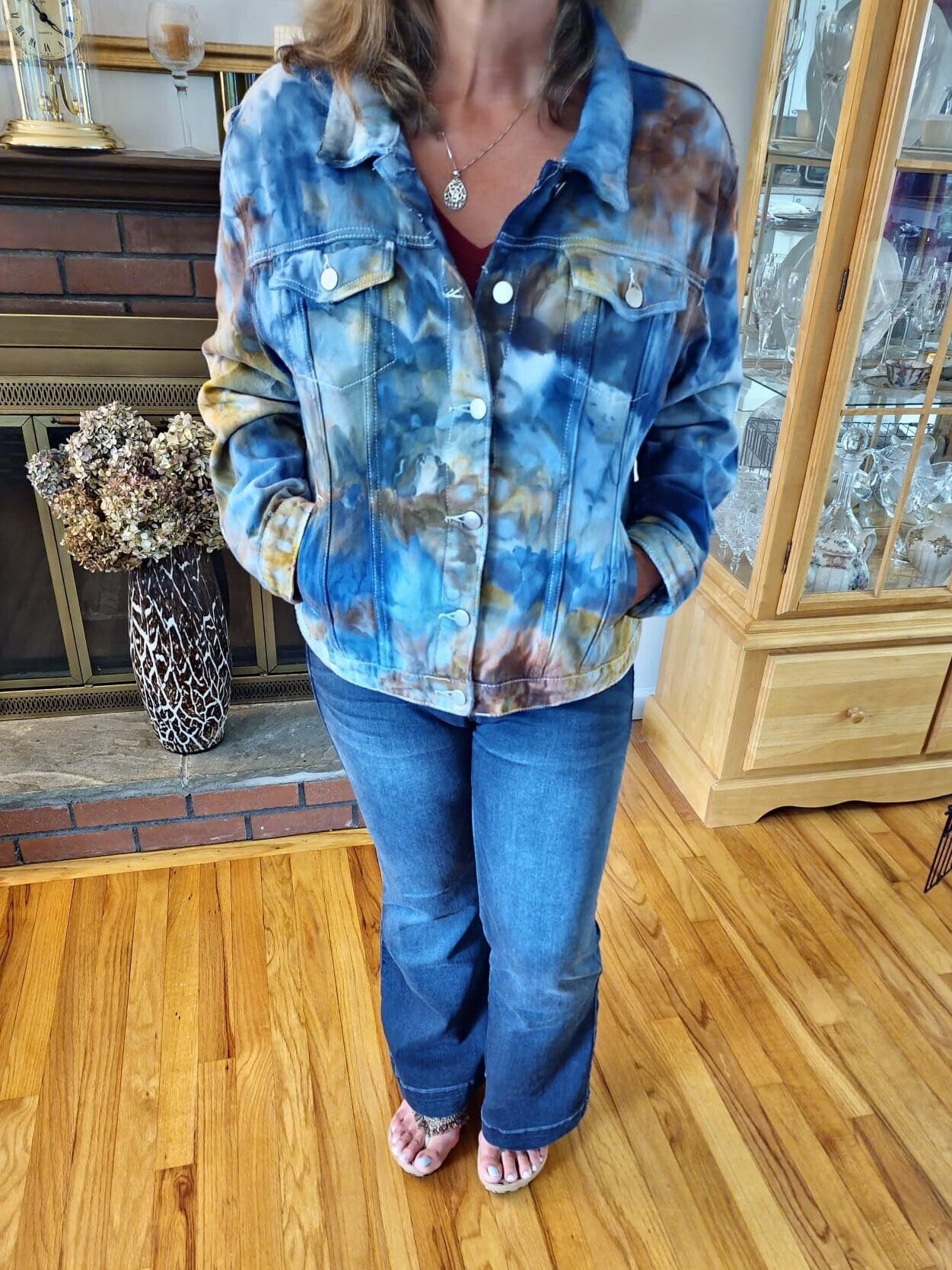 Liquid Aquamarine Gold Tie Dye Denim Jacket