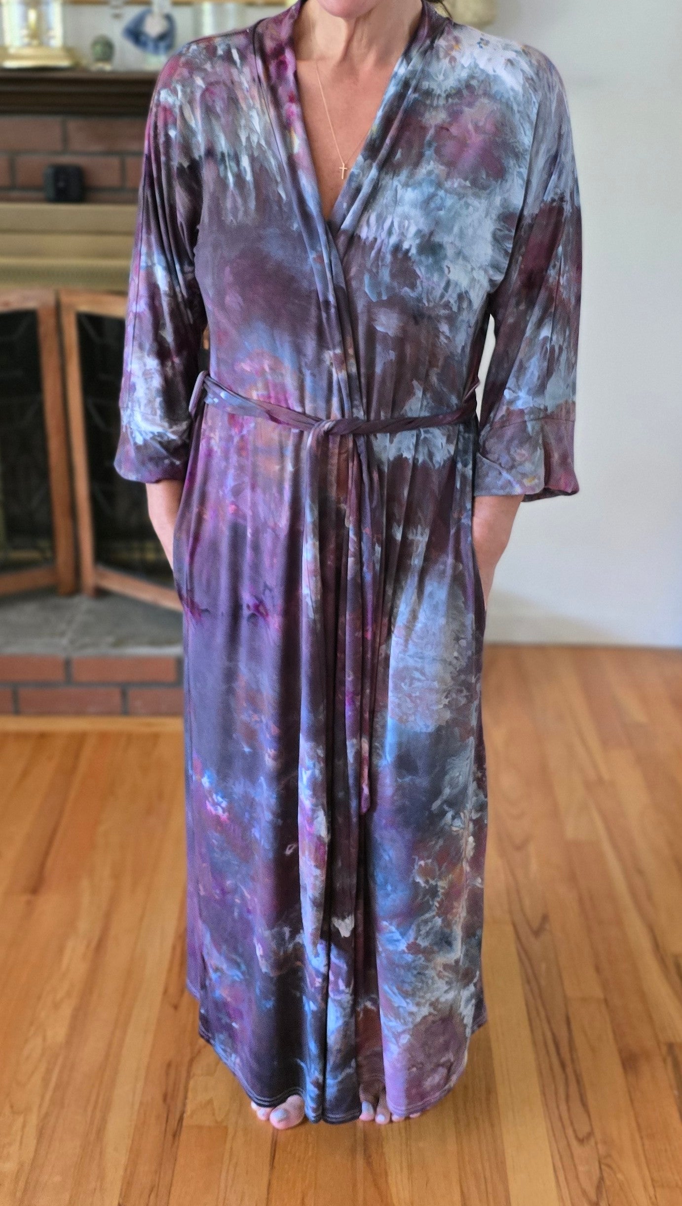 Women Hand Dyed Kimono Robes, Tie Dye Long Bathrobe, Lightweight Soft Knit Sleepwear in Liquid Plum Wine