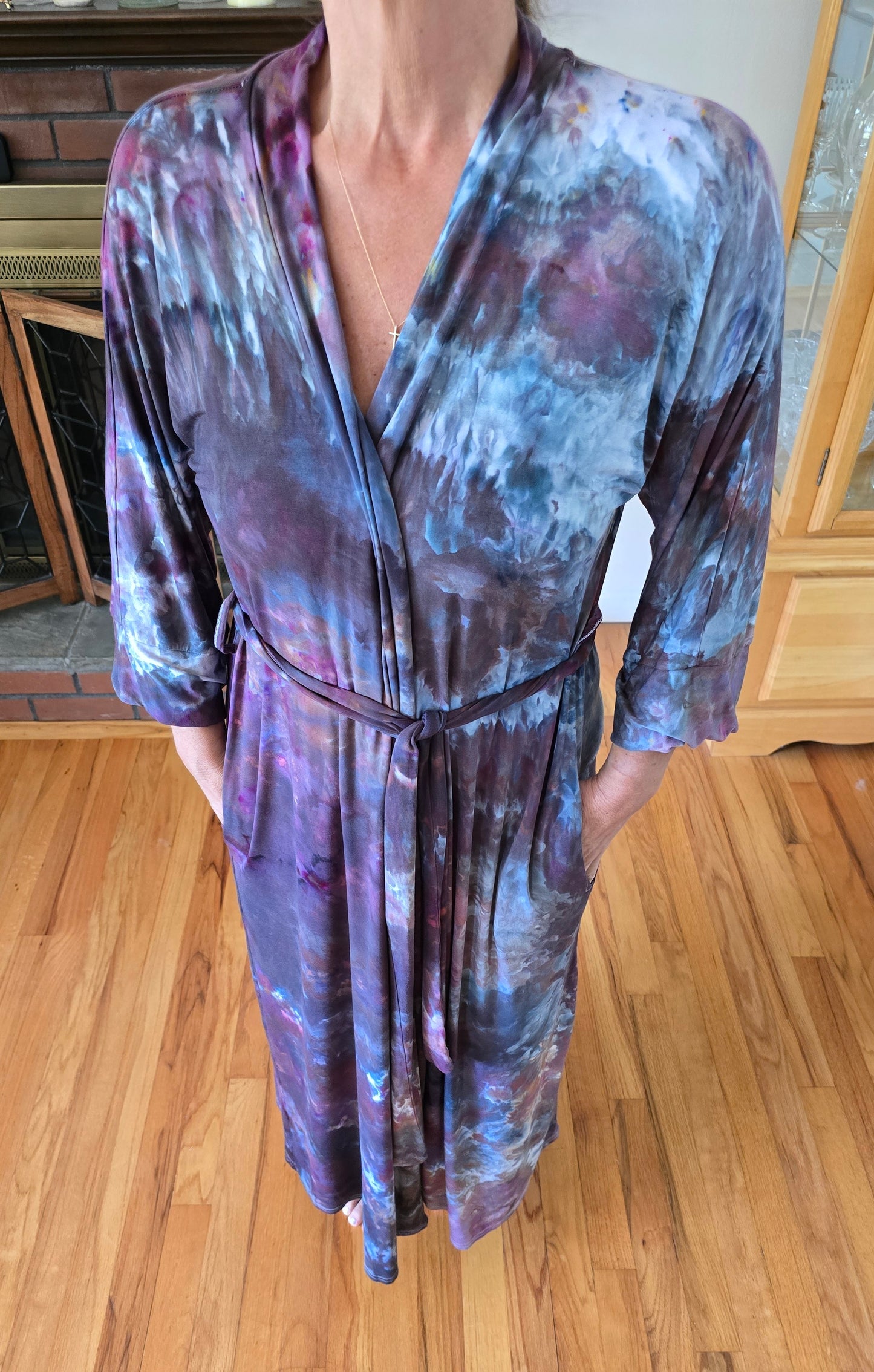 Women Hand Dyed Kimono Robes, Tie Dye Long Bathrobe, Lightweight Soft Knit Sleepwear in Liquid Plum Wine