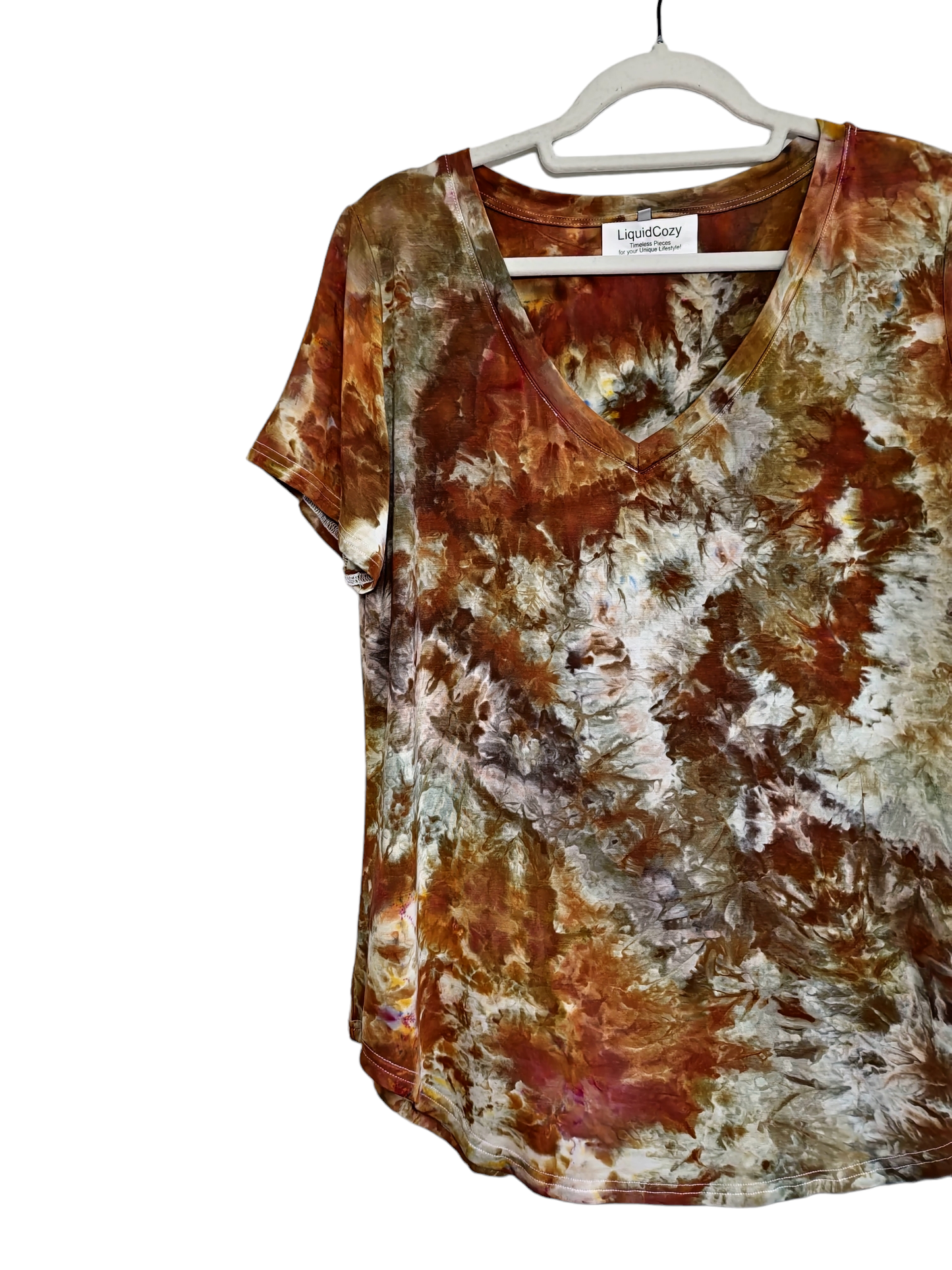 Women's Hand Dyed Short Sleeve V Neck Curved Hem Tunic Tshirt, Tie Dye V Neck Neck Tshirt