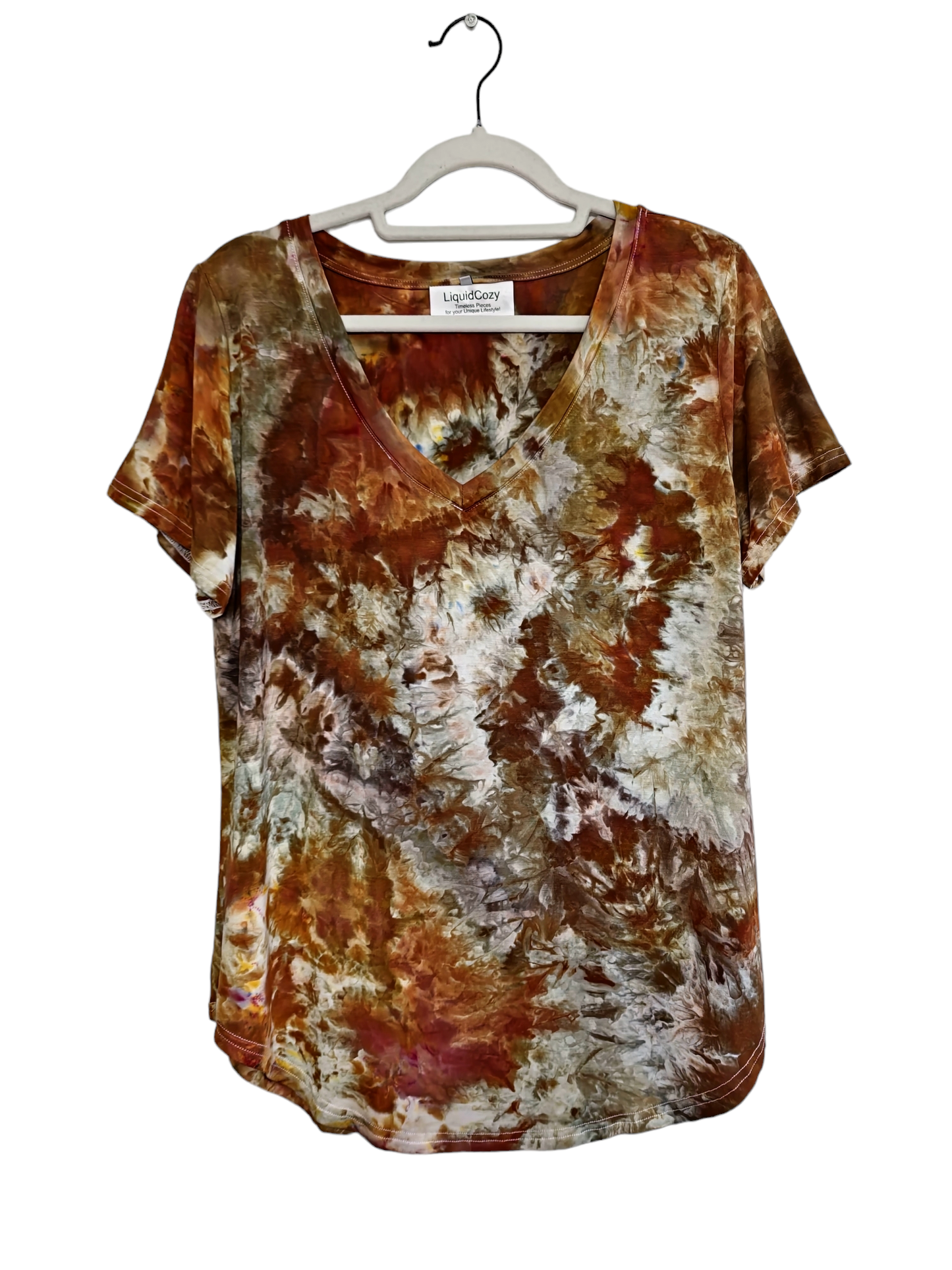 Women's Hand Dyed Short Sleeve V Neck Curved Hem Tunic Tshirt, Tie Dye V Neck Neck Tshirt