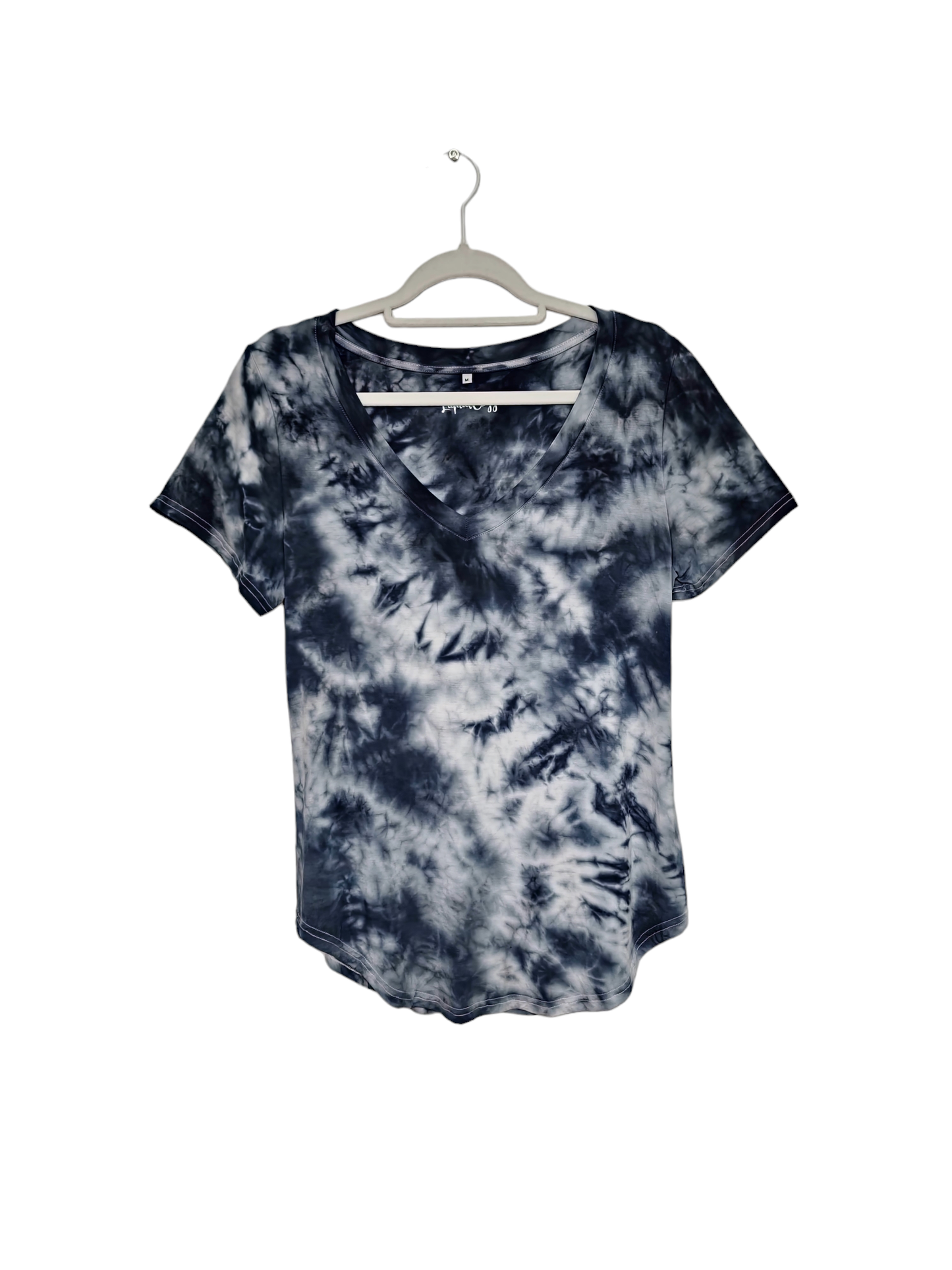 Women's Hand Dyed Short Sleeve V Neck Curved Hem Tunic Tshirt, Tie Dye V Neck Neck Tshirt