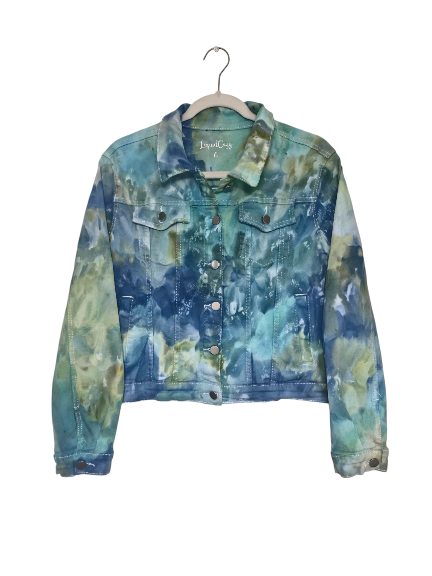 Womens Denim Jacket Hand Dyed, Tie Dye Denim Jacket in Liquid Turquoise