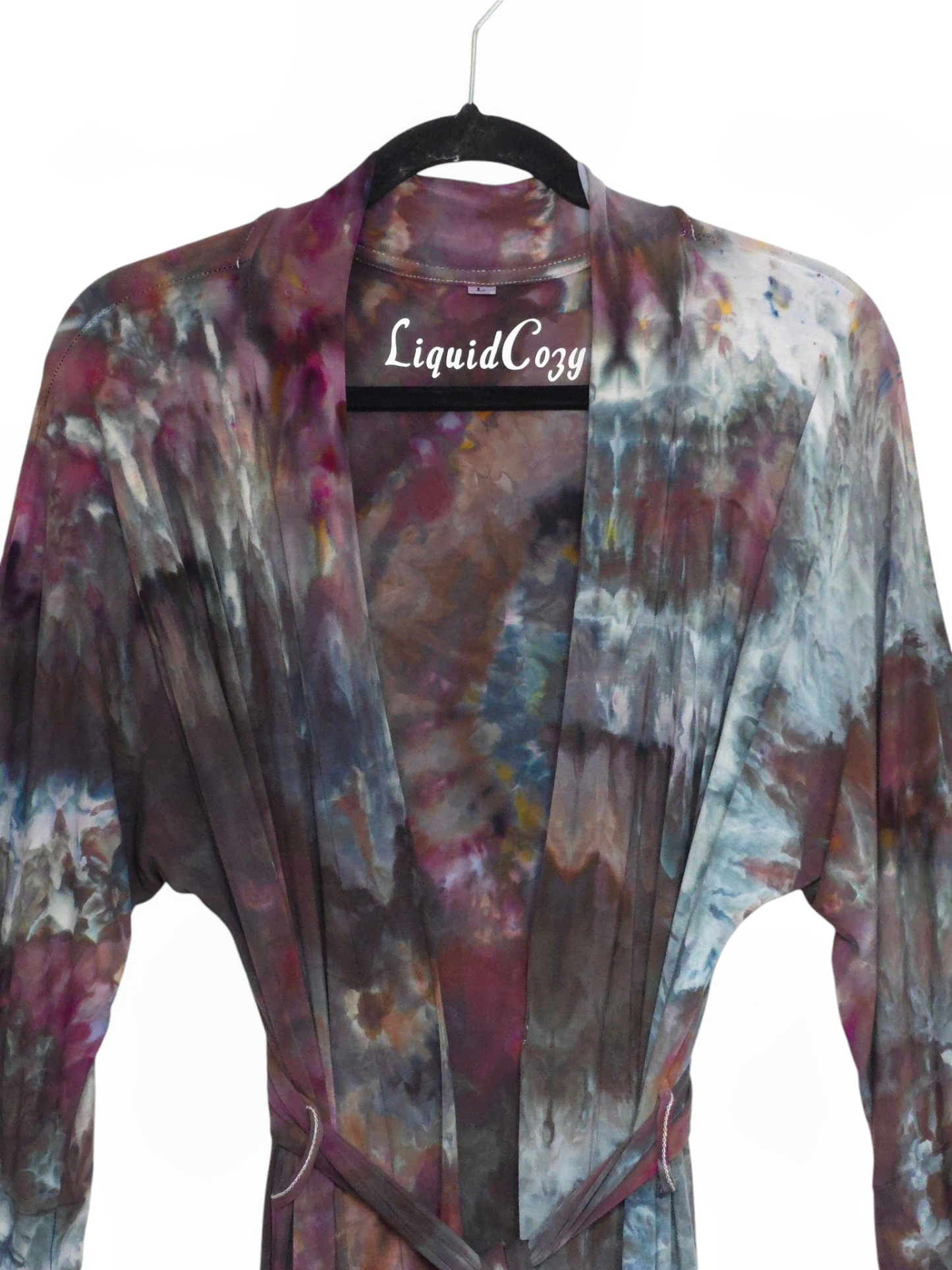 Women Hand Dyed Kimono Robes, Tie Dye Long Bathrobe, Lightweight Soft Knit Sleepwear in Liquid Plum Wine