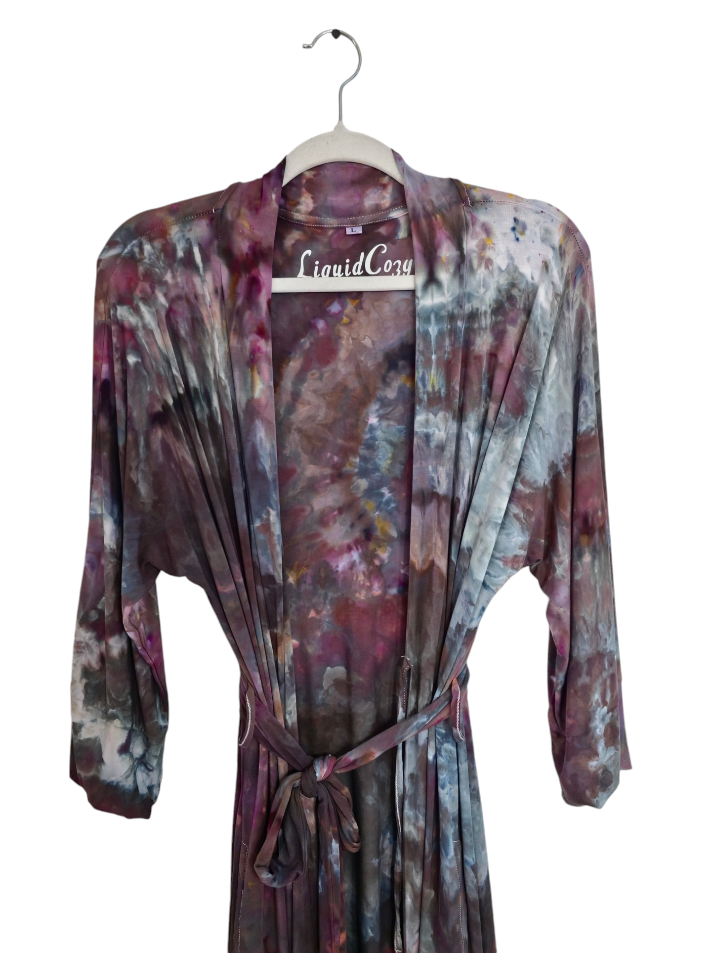 Women Hand Dyed Kimono Robes, Tie Dye Long Bathrobe, Lightweight Soft Knit Sleepwear in Liquid Plum Wine