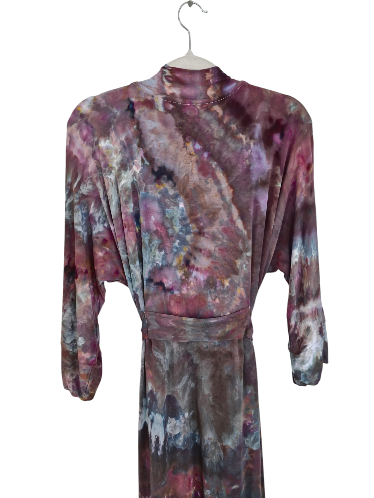 Women Hand Dyed Kimono Robes, Tie Dye Long Bathrobe, Lightweight Soft Knit Sleepwear in Liquid Plum Wine