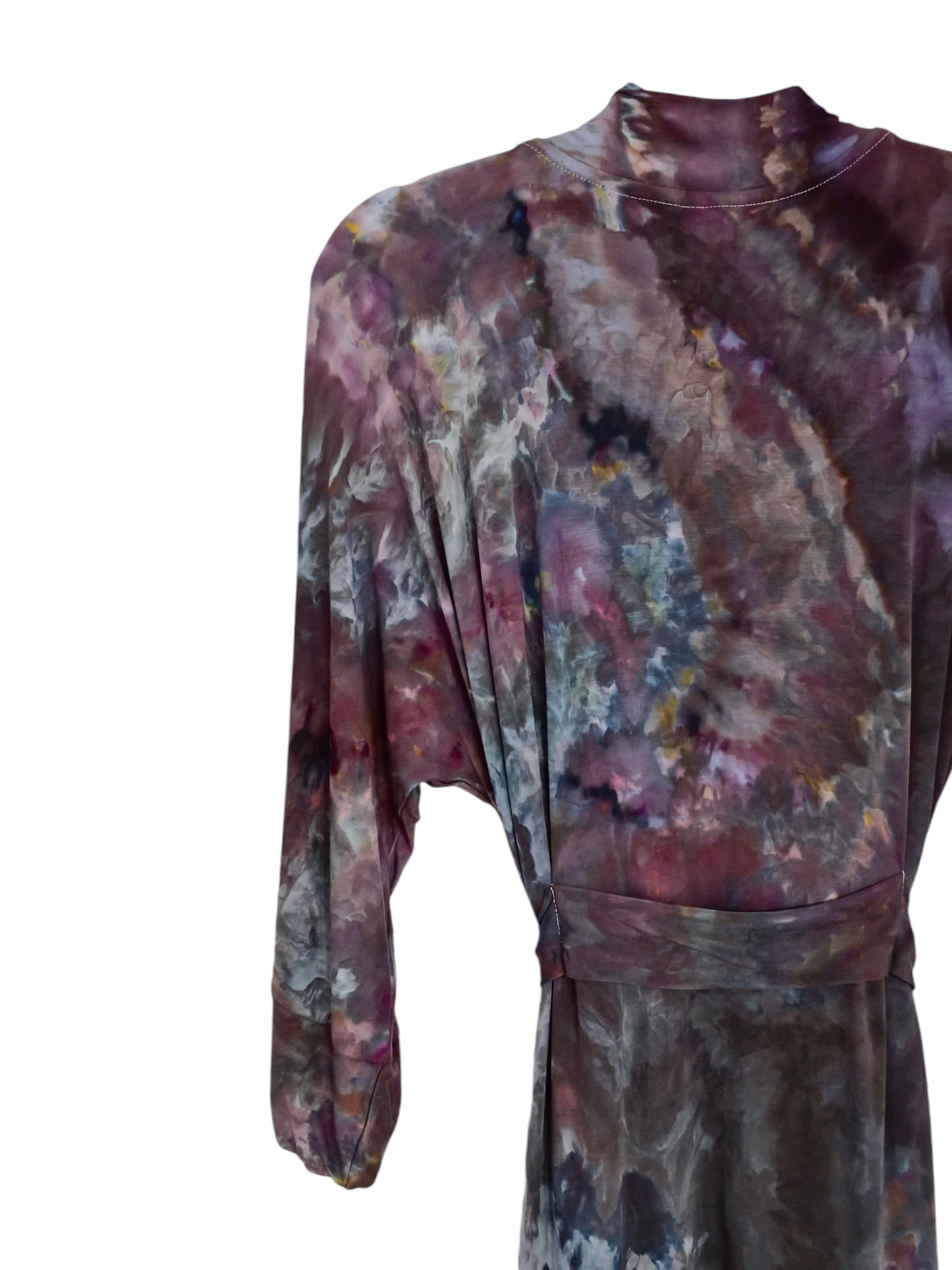 Women Hand Dyed Kimono Robes, Tie Dye Long Bathrobe, Lightweight Soft Knit Sleepwear in Liquid Plum Wine