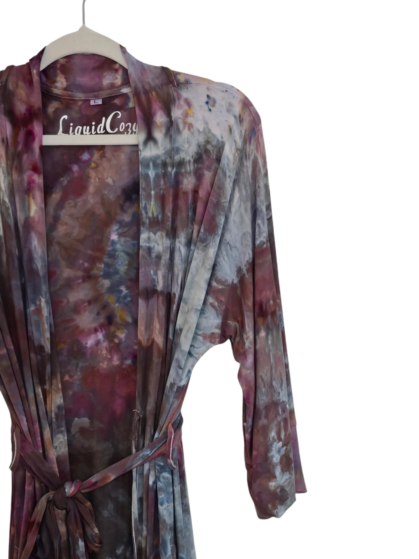 Women Hand Dyed Kimono Robes, Tie Dye Long Bathrobe, Lightweight Soft Knit Sleepwear in Liquid Plum Wine