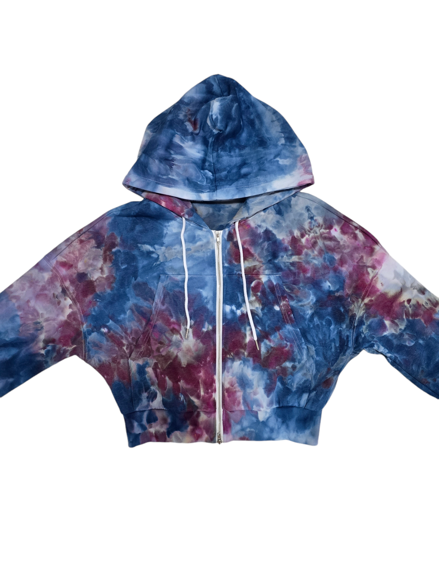 Women's Crop Zip Up Hoodie Hand Dyed, Tie Dyed Crop Zip up Hoodie in Liquid Blue Raspberry