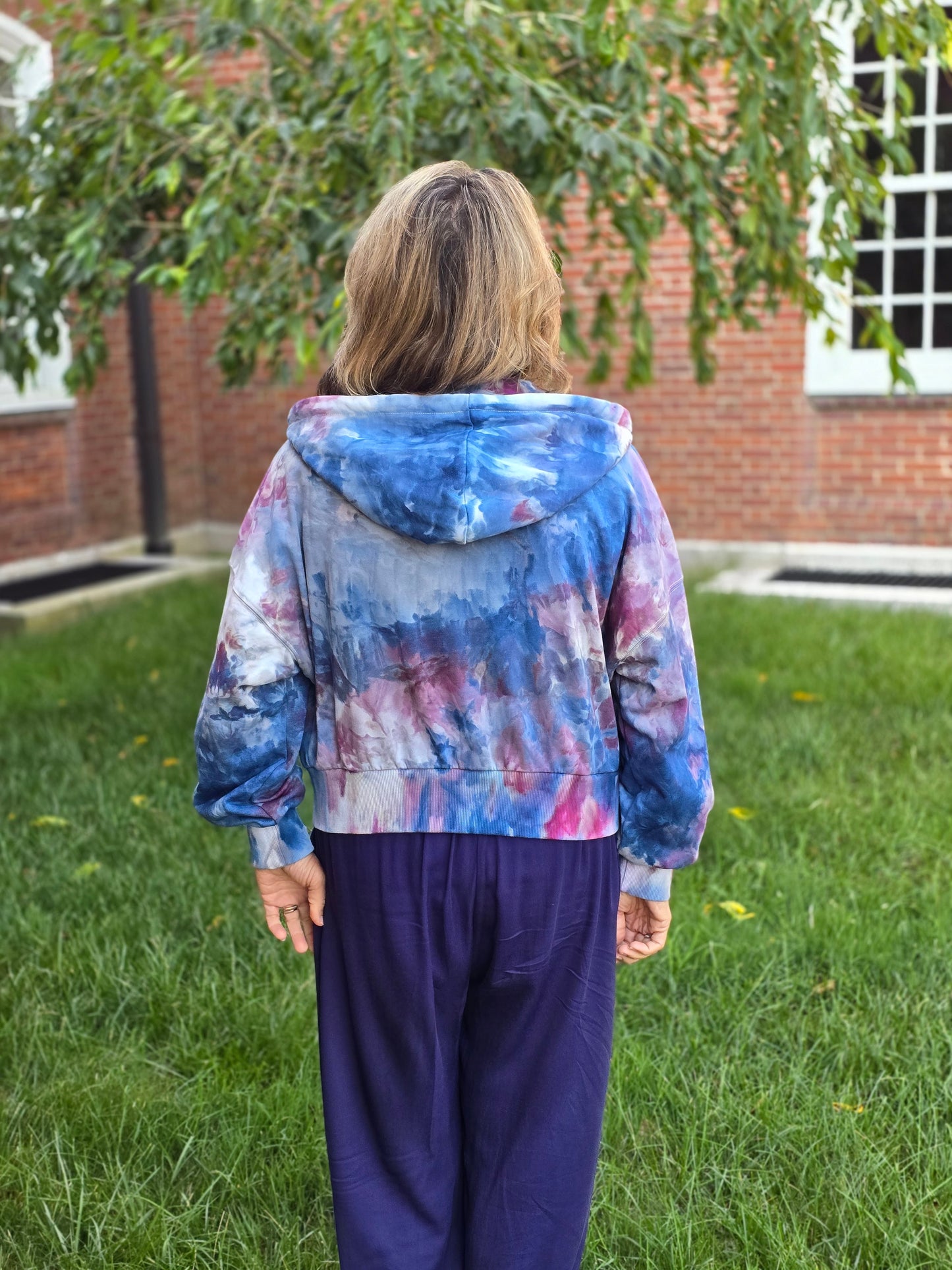 Women's Crop Zip Up Hoodie Hand Dyed, Tie Dyed Crop Zip up Hoodie in Liquid Blue Raspberry