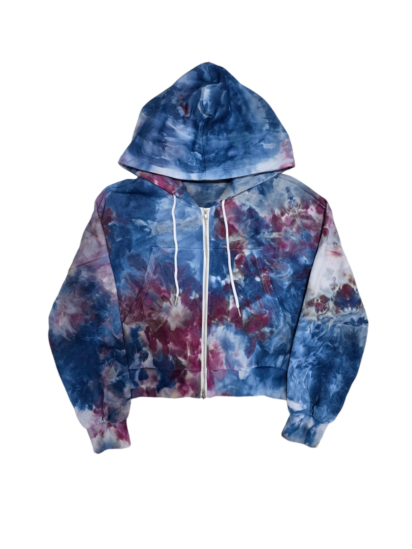 Women's Crop Zip Up Hoodie Hand Dyed, Tie Dyed Crop Zip up Hoodie in Liquid Blue Raspberry