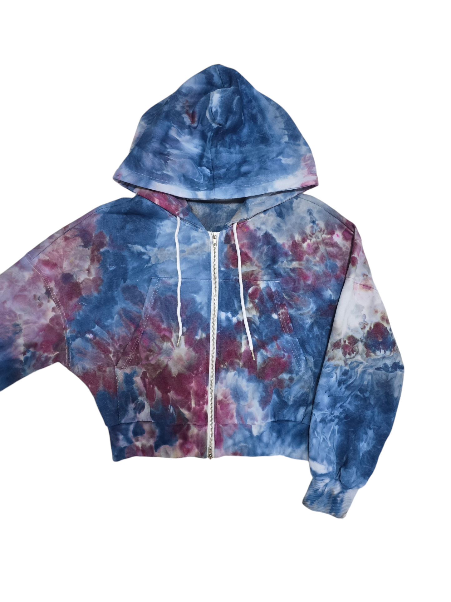 Women's Crop Zip Up Hoodie Hand Dyed, Tie Dyed Crop Zip up Hoodie in Liquid Blue Raspberry